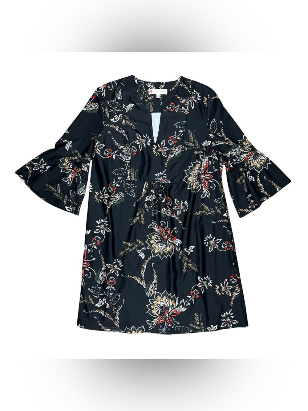 KERRY DRESS by JUDE CONNALLY in black floral pattern 3/4 length slv v-neck SMALL